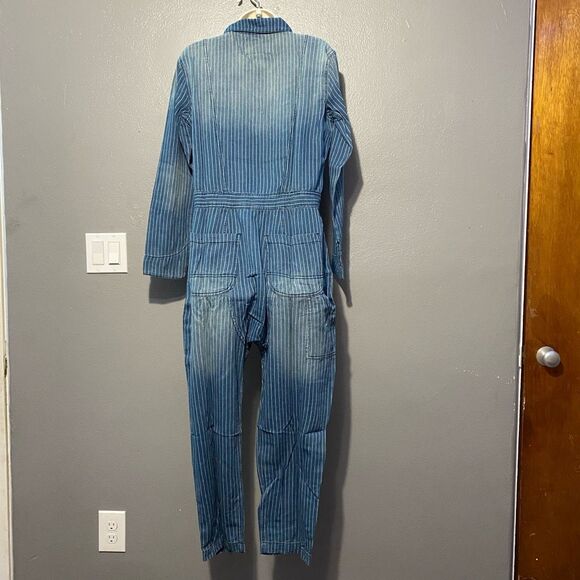 Sandrine Rose FREE PEOPLE Blue Pinstripe Zip Denim Jumpsuit Slouchy Utility Sz S - Picture 2 of 8